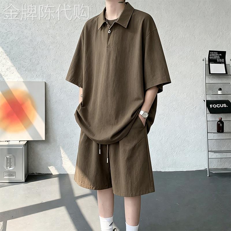 潮牌韩版时尚帅气百搭短袖短裤套装男夏季新款翻领休闲宽松两件套