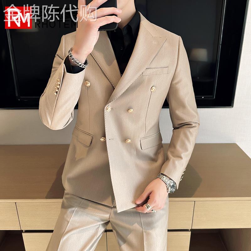 春款上新男士西服套装结婚商务风双排两粒扣职业西装男正装两件套
