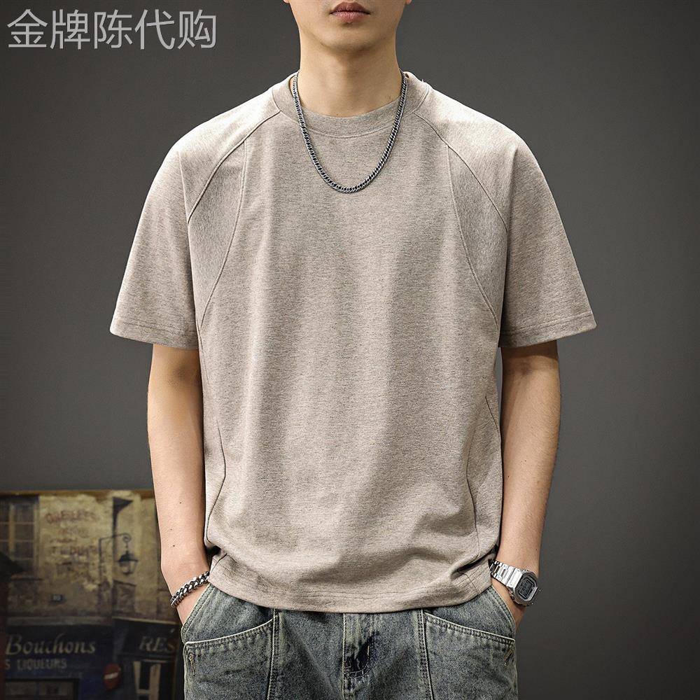 经典款美式复古插肩袖圆领短袖t恤男夏季新款麻纹肌理感五分袖速