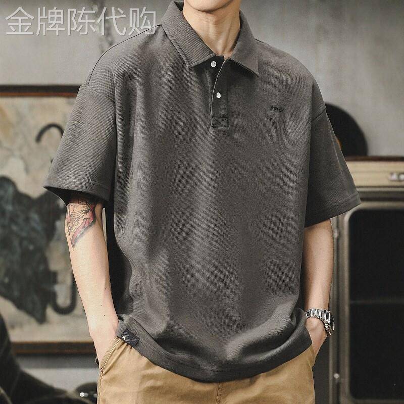 香港潮牌美式复古POLO衫男夏季简约风重磅男装宽松大码短袖T恤男