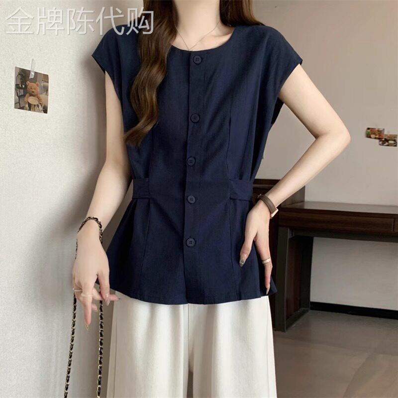 棉麻衬衫女夏季2025年新款设计感小众收腰显瘦单排扣开衫无袖上衣
