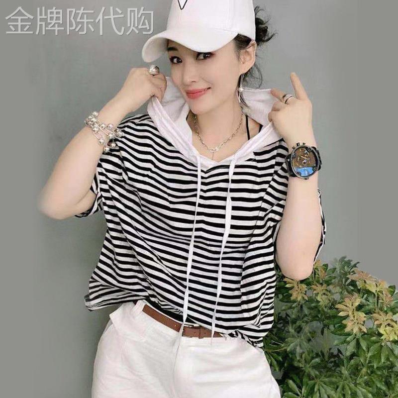 条纹短袖女夏季2026新款欧货设计感上衣ins洋气显瘦纯棉连帽T恤衫