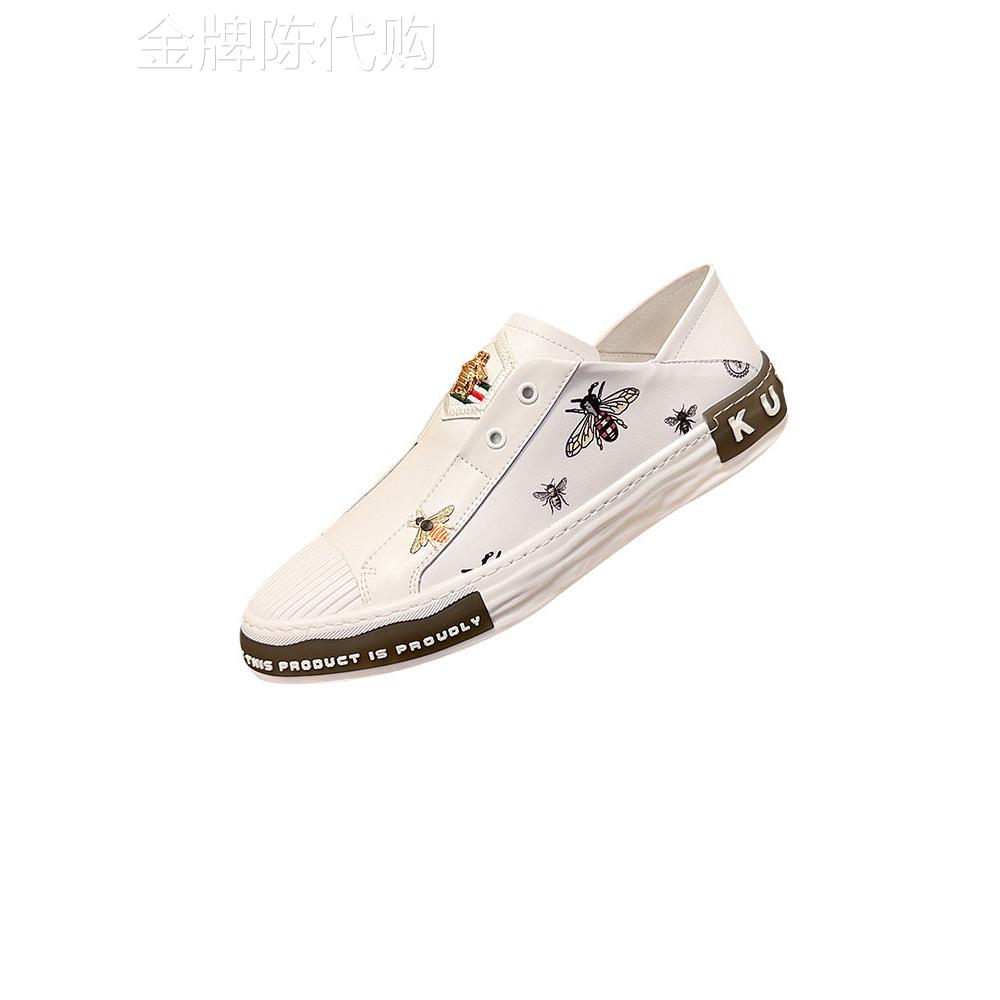 韩国专柜奢侈品一脚蹬男鞋新款小蜜蜂真皮透气男士低帮休闲小白鞋