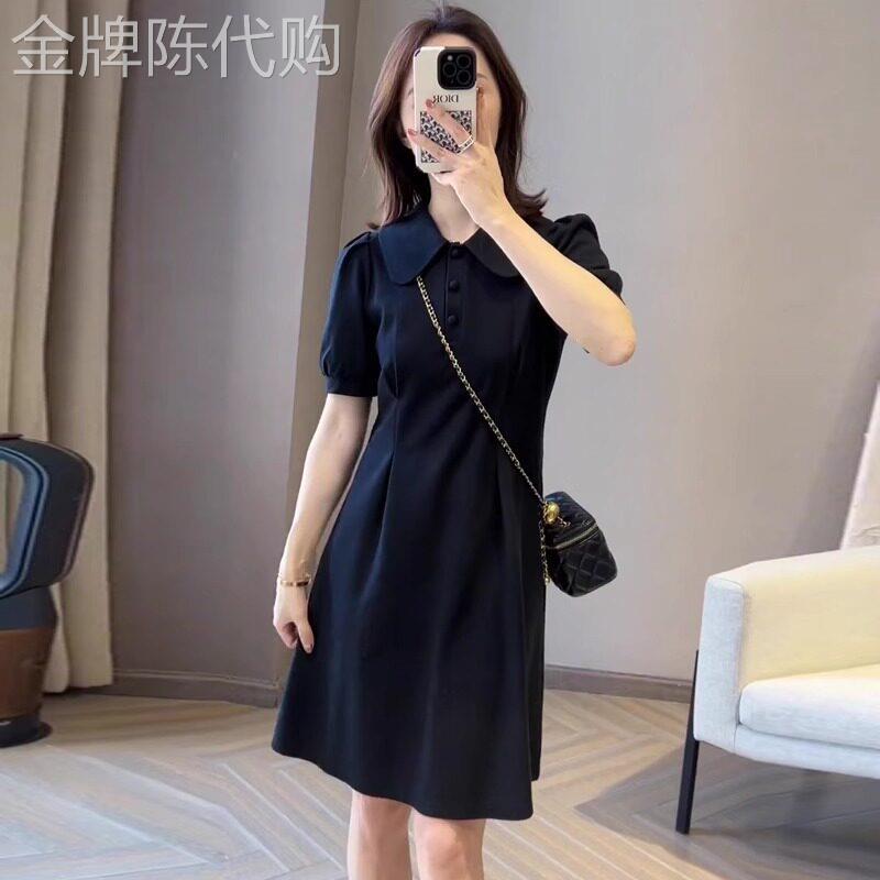 潮牌梨形身材减龄气质收腰针织连衣裙女夏季大码泡泡袖Polo小黑裙