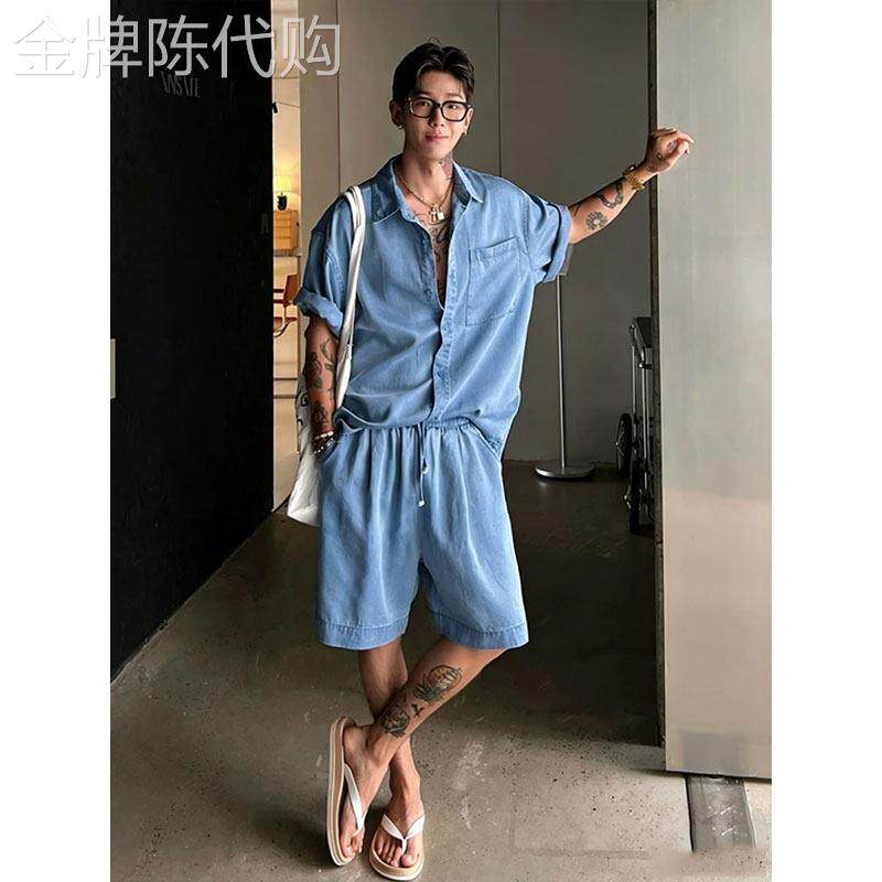 老钱休闲套装男士夏季薄款韩版潮流短袖衬衫短裤度假运动穿搭一套
