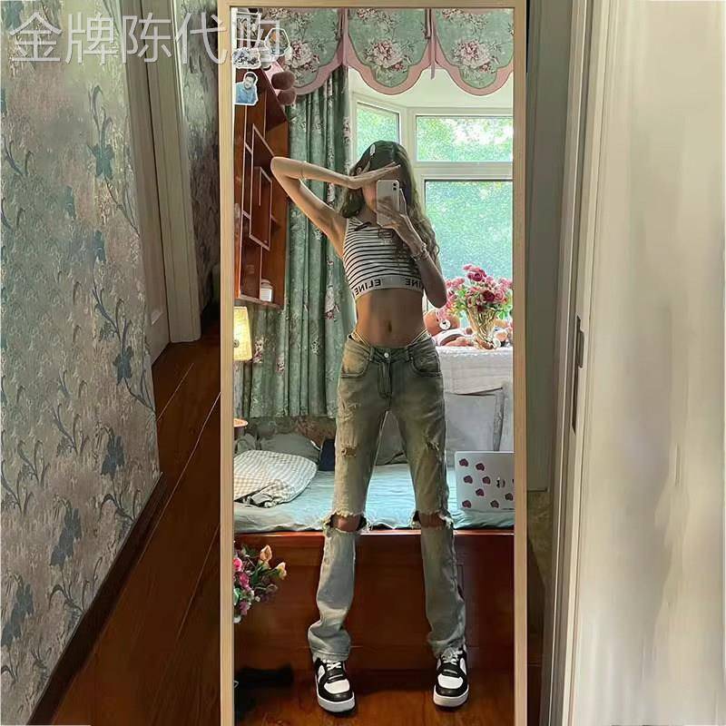 潮牌高街破洞窄版直筒牛仔裤女2025夏季高腰做旧水洗黄泥染长裤子