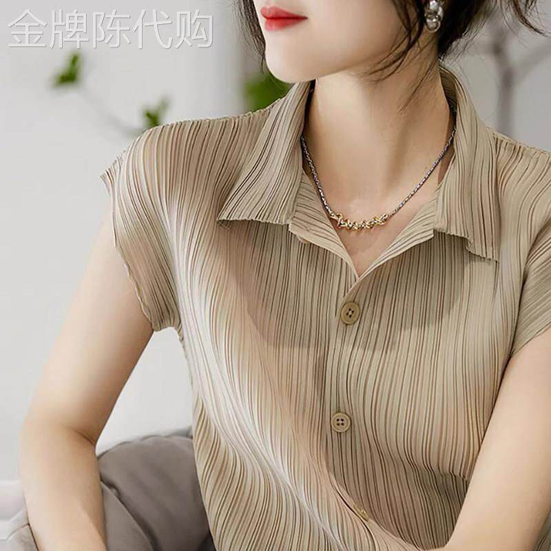 潮牌褶皱肌理高端短袖衬衫女2025夏季通勤高级感显瘦OL风格衬衫服