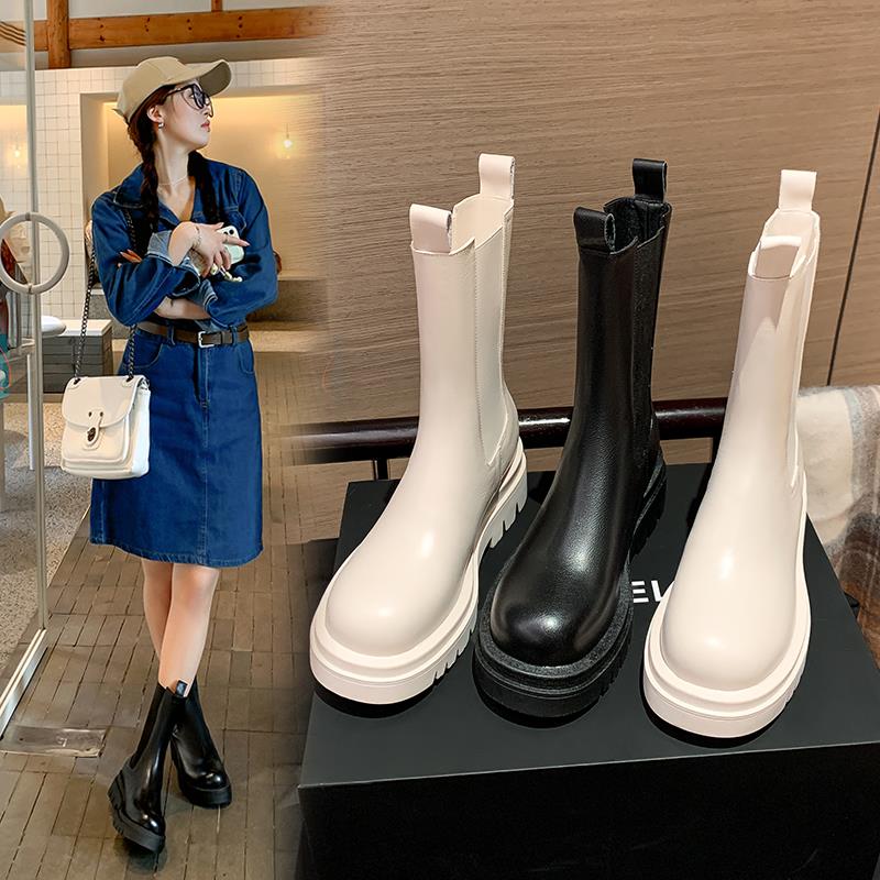 潮牌明星同款真皮马丁靴内增高短靴女靴厚底中筒烟筒靴子切尔西靴