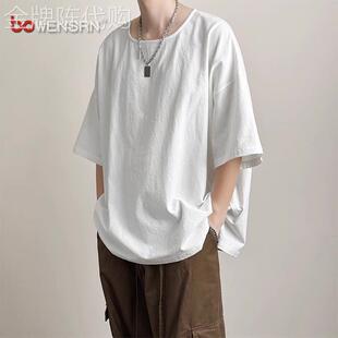 棉亚麻感白色大领口短袖t恤男士2026新款夏季宽松大尺码七分袖男