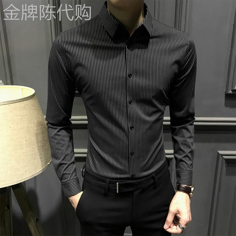 MK韩版条纹长袖衬衫男2026年春秋季款高端潮牌轻商务修身男士衬衫