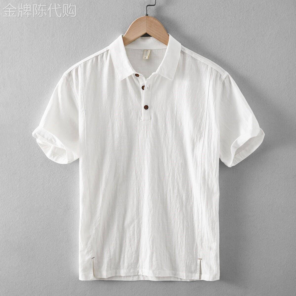 MAROLIO~亚麻短袖男V领夏季棉麻翻领衬衫休闲复古透气宽松套头t恤