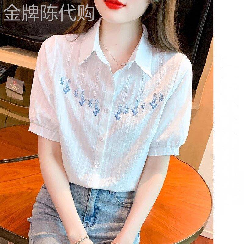 白色纯棉刺绣衬衫女士夏季新款短袖衬衫设计感遮肚子小衫气质上衣