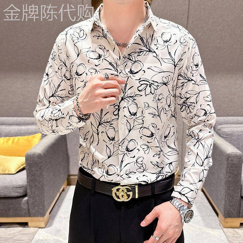 潮牌1212发型师碎花长袖衬衫男士秋季高级感修身商务休闲痞帅衬衣