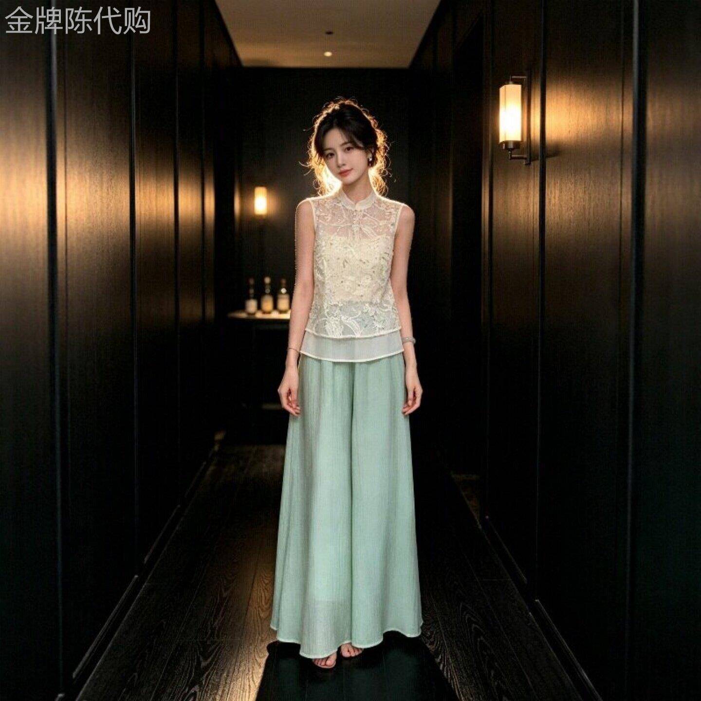 新中式套装女夏季新款清冷感独特漂亮巨好看上衣马甲阔腿裤两件套