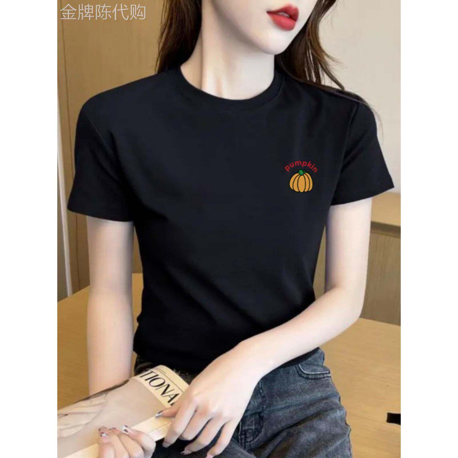黑色纯棉短袖t恤女2025夏季新款圆领修身显瘦正肩休闲体恤上衣潮