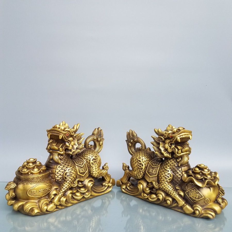 铜麒麟摆件一对旺财聚宝盆招财神兽大号家居门厅聚财中式礼品