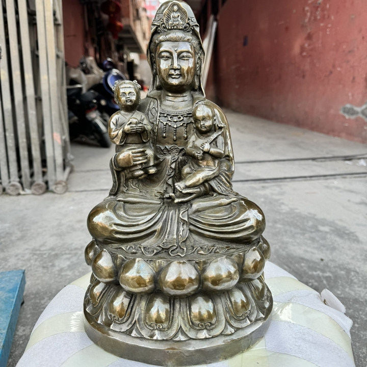 铜送子观音铜像摆件大号仿古菩萨坐像金童玉女家居佛堂高40公分