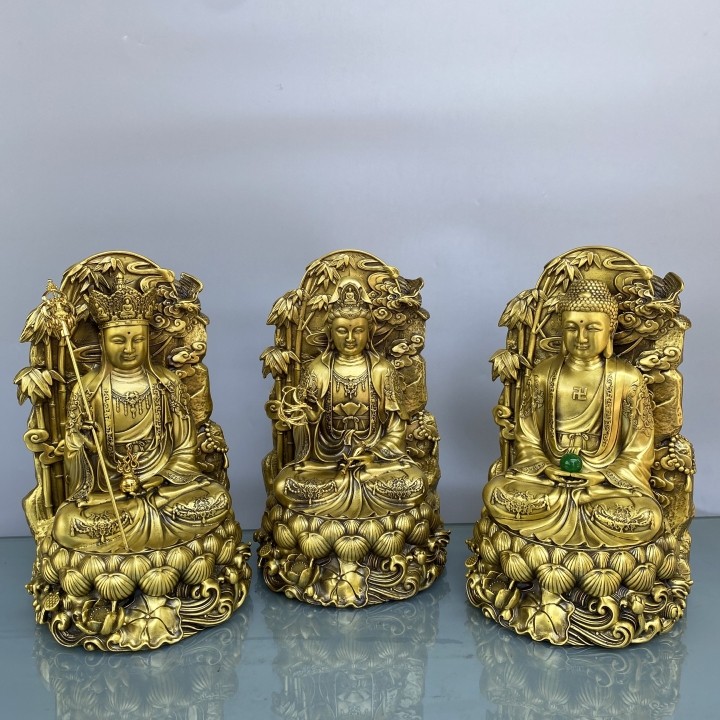 铜佛像摆件观音如来地藏王菩萨婆娑三圣一套家居佛堂工艺品供奉