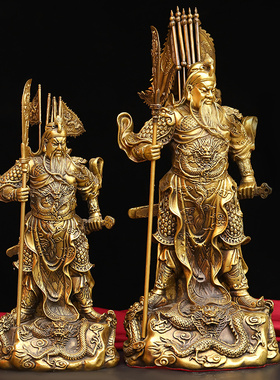 黄铜招财背旗竖刀九龙关公摆件