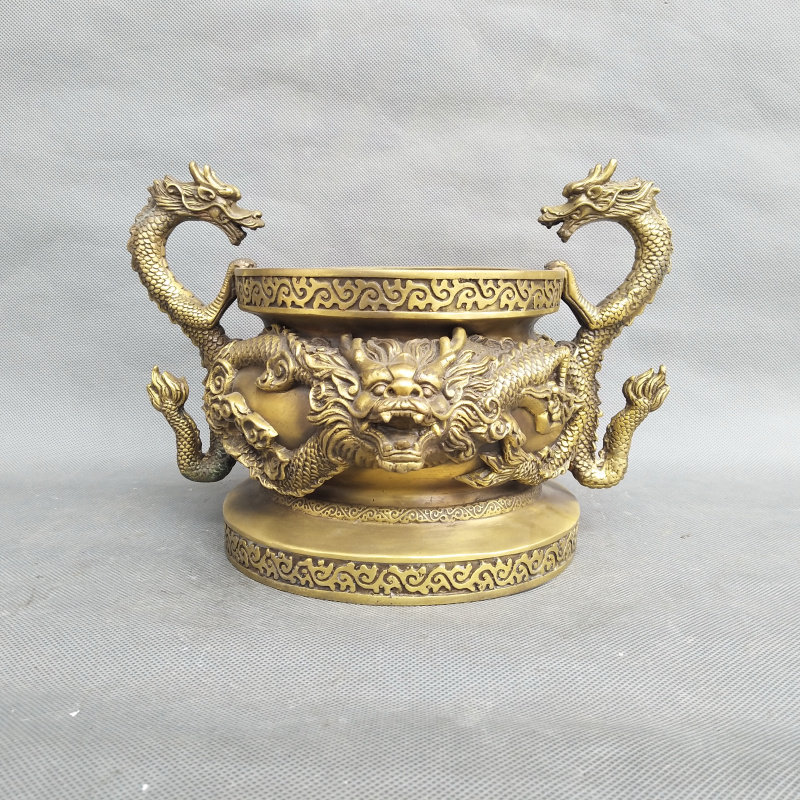 大号铜炉铜香炉摆件龙香炉双龙聚宝盆家居招财风水工艺品客厅用品