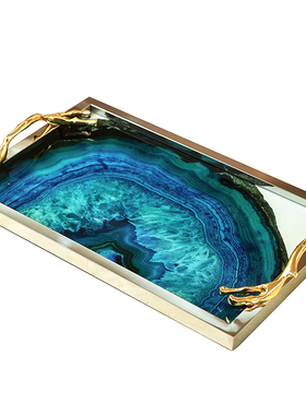 欧式美式奢华蓝色玛瑙石图v案装饰 家居客厅样板房茶几收纳托盘