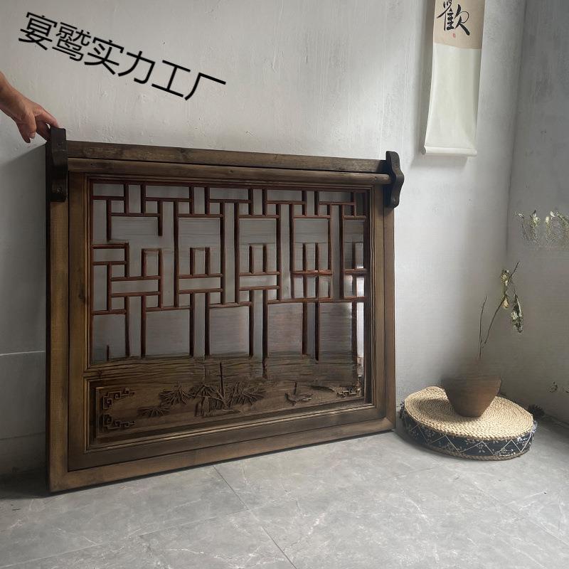 专属制作推实木上翻摘窗中户式仿古做旧支门窗拉窗镂空花格LJI传
