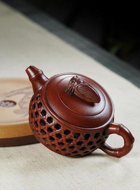 宜兴紫砂期老一厂纯QWK防全手老工紫砂壶镂早空竹叶蝉鸣竹编茶壶