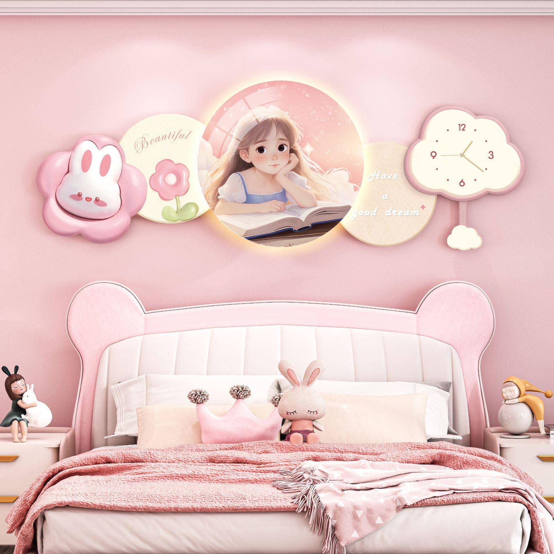 公主儿童房装饰画温馨卡通可爱女孩房间卧室床头挂画创意发光灯画