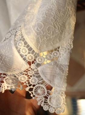 美式白色棉布花丝条FXC纹半帘遮挡裙门帘头免打蕾幔孔穿绣杆窗帘