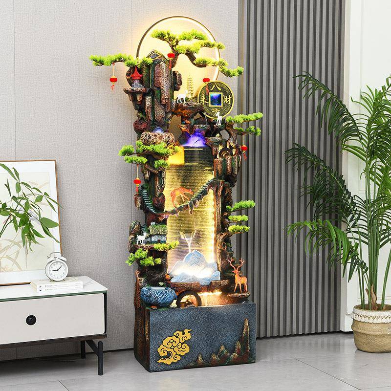 QJP新中式假山流水喷泉鱼缸居厅落客家装饰地水景店铺公司前台循
