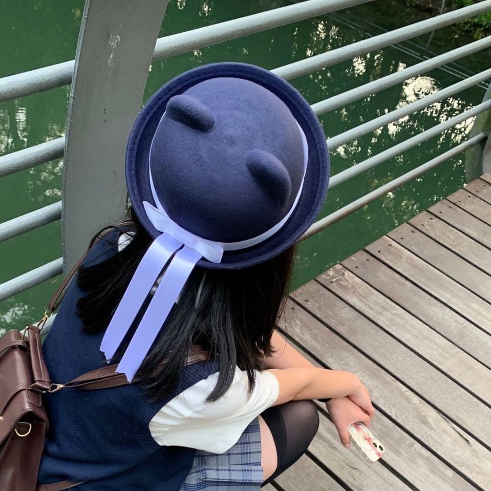 水手服帽子毛呢圆顶帽飘带学院风制服帽情侣蝴蝶结日系礼帽手作小