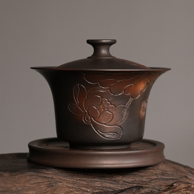 建水紫陶三才盖碗悬停不烫手单个高档三件套大号陶瓷泡功夫茶杯具,餐饮具,盖碗,淘宝优惠券,粉丝福利购,淘宝优惠卷