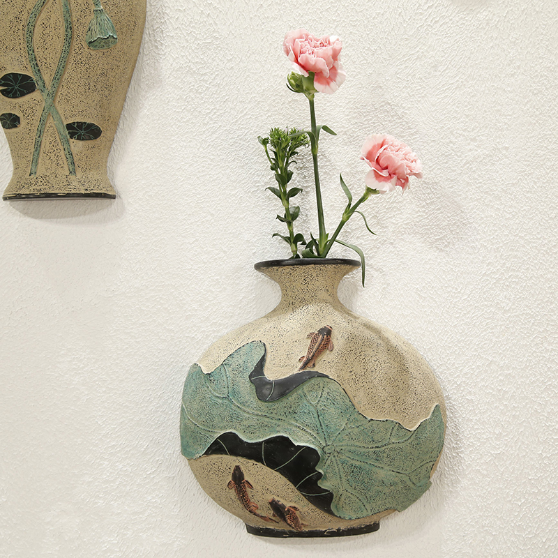 中式立体浮雕荷花壁式花插花瓶玄关画挂件客厅背景墙挂画装饰画图片