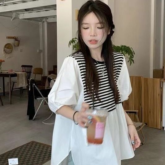 条纹拼接泡泡袖衬衫女夏