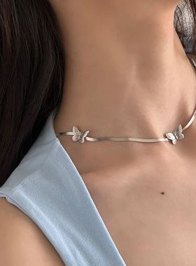 桃思竹蝴蝶结蛇骨链项链