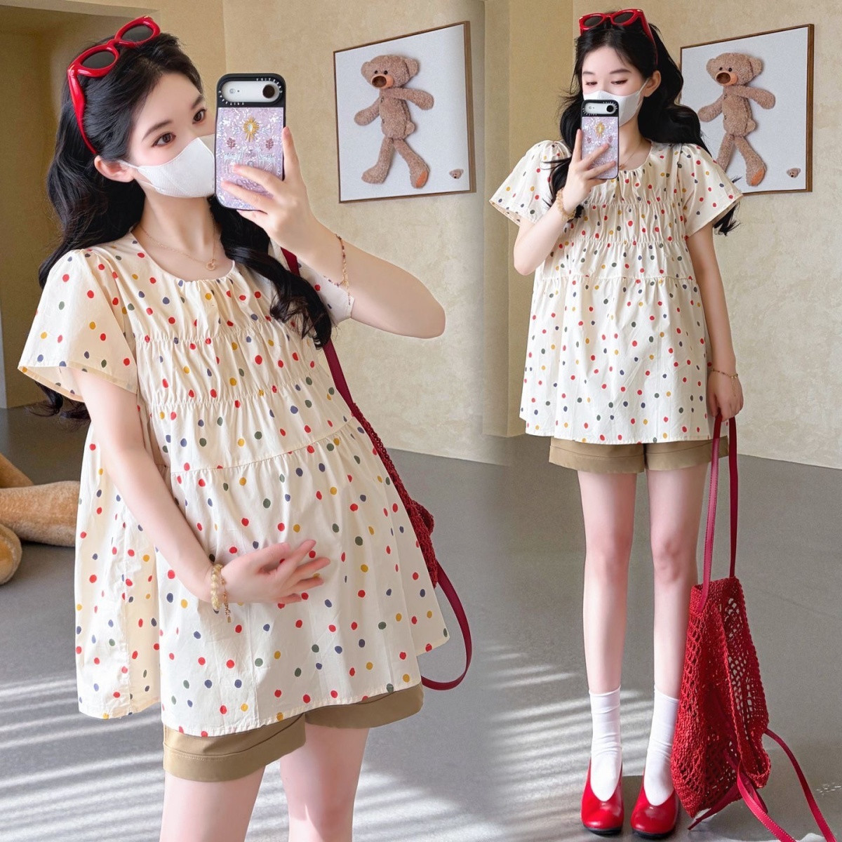 孕妇夏装彩色波点短袖娃