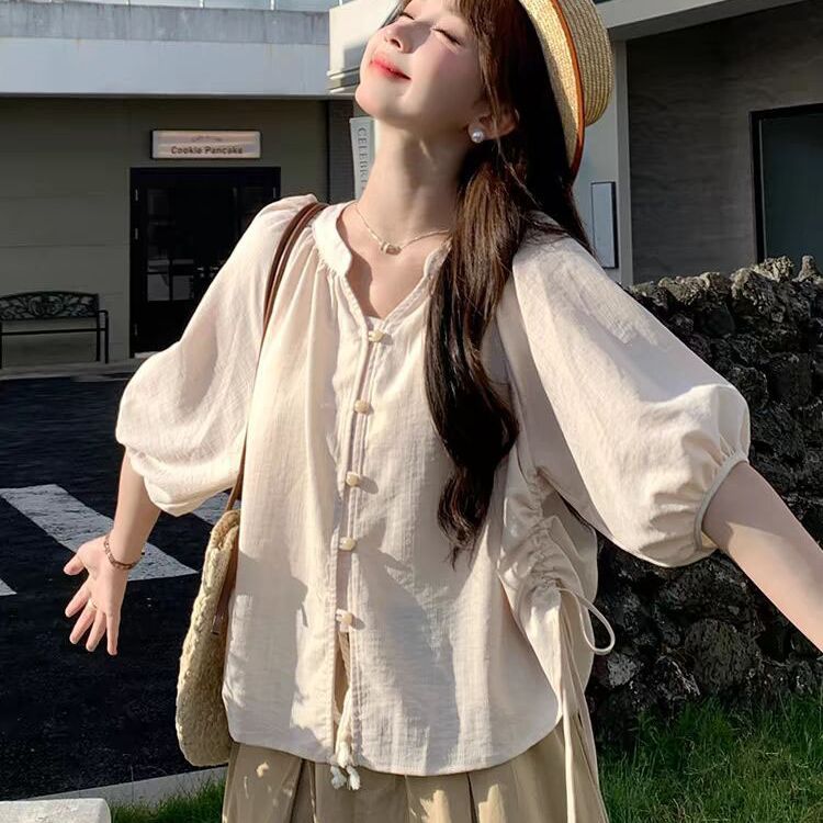 法式设计抽绳褶皱衬衣202