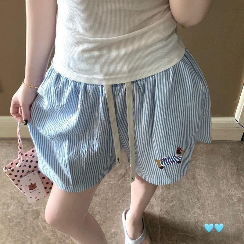 蓝色条纹小狗睡裤短裤女