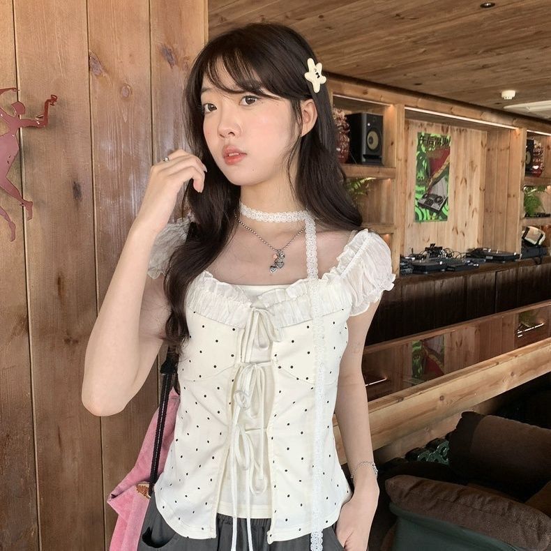 韩系泡泡袖波点短袖女夏