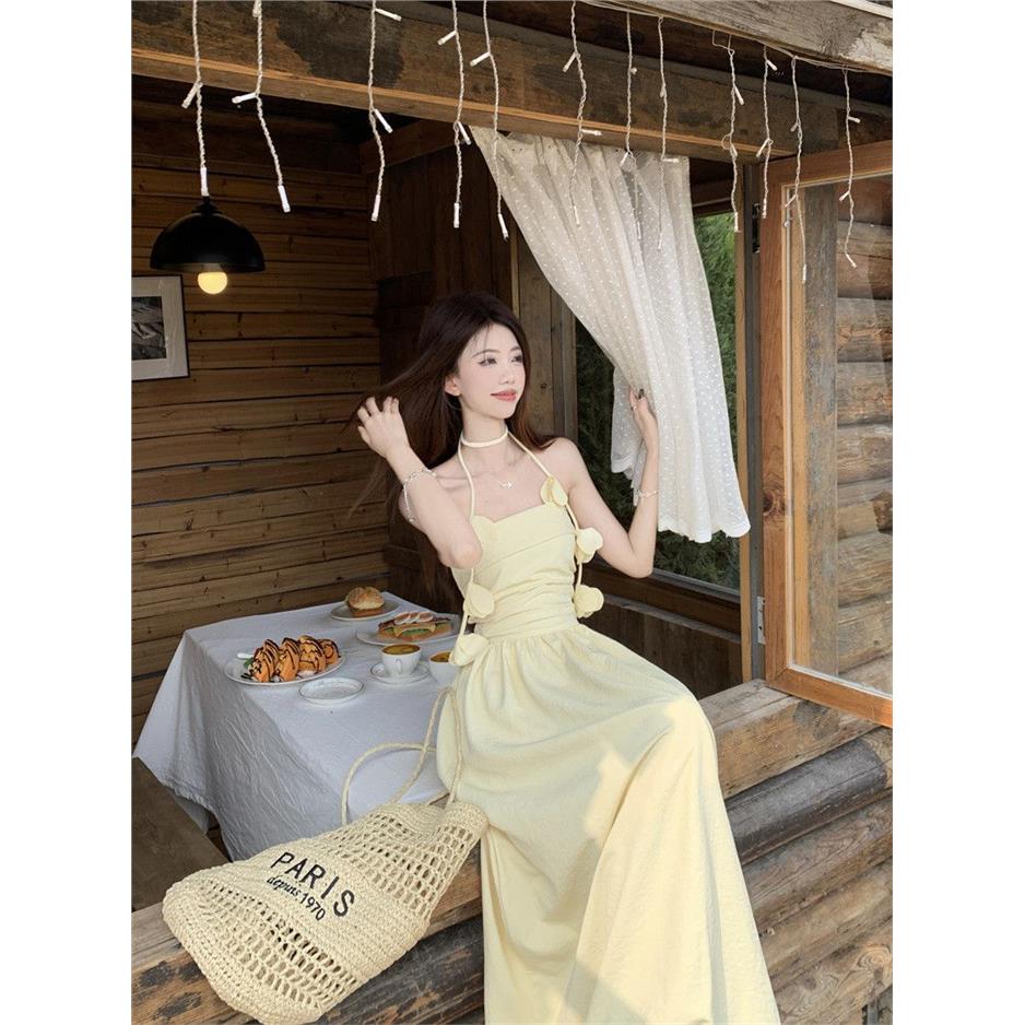 法式黄色抹胸连衣裙女夏