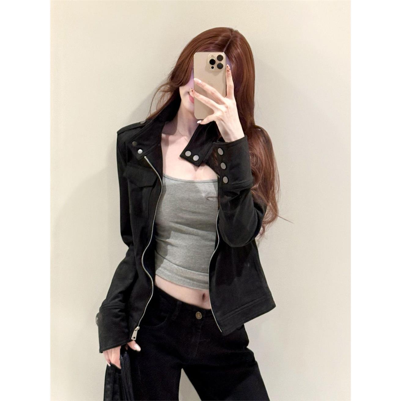 复古黑色麂皮绒外套女春