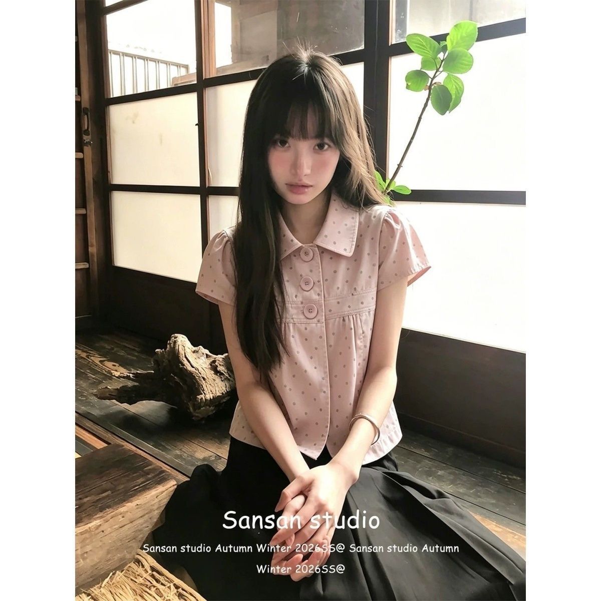 学院粉色波点短袖娃娃衬