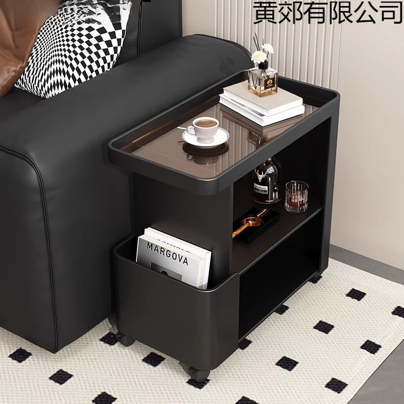 黑色沙发边几可移动小茶几客厅轻奢小推车铁艺带轮玻璃床头柜网红