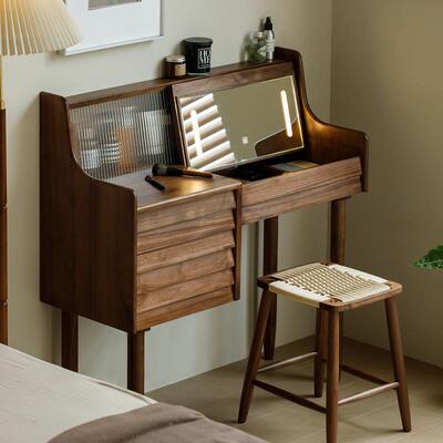 北美胡桃家木梳妆台HTG代简黑约樱桃木原木现用卧室带抽屉一体化