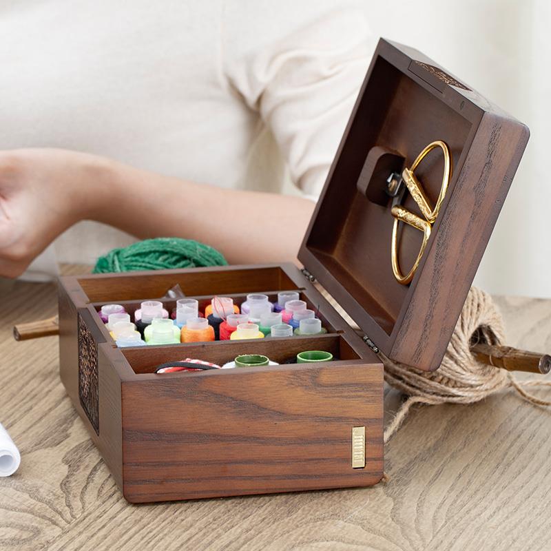 线6E3X家用针线盒套实装收豪华针包工具F76JHT7H纳盒复古木结婚陪