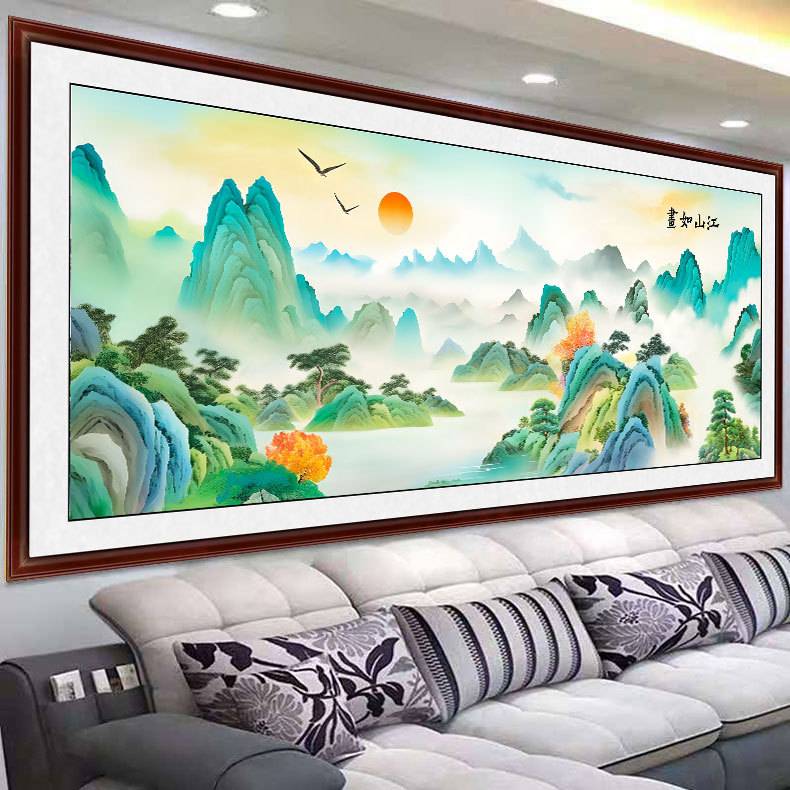 江山如画十字绣2023新款蓝色版客厅大幅风景山水画手工线绣满绣