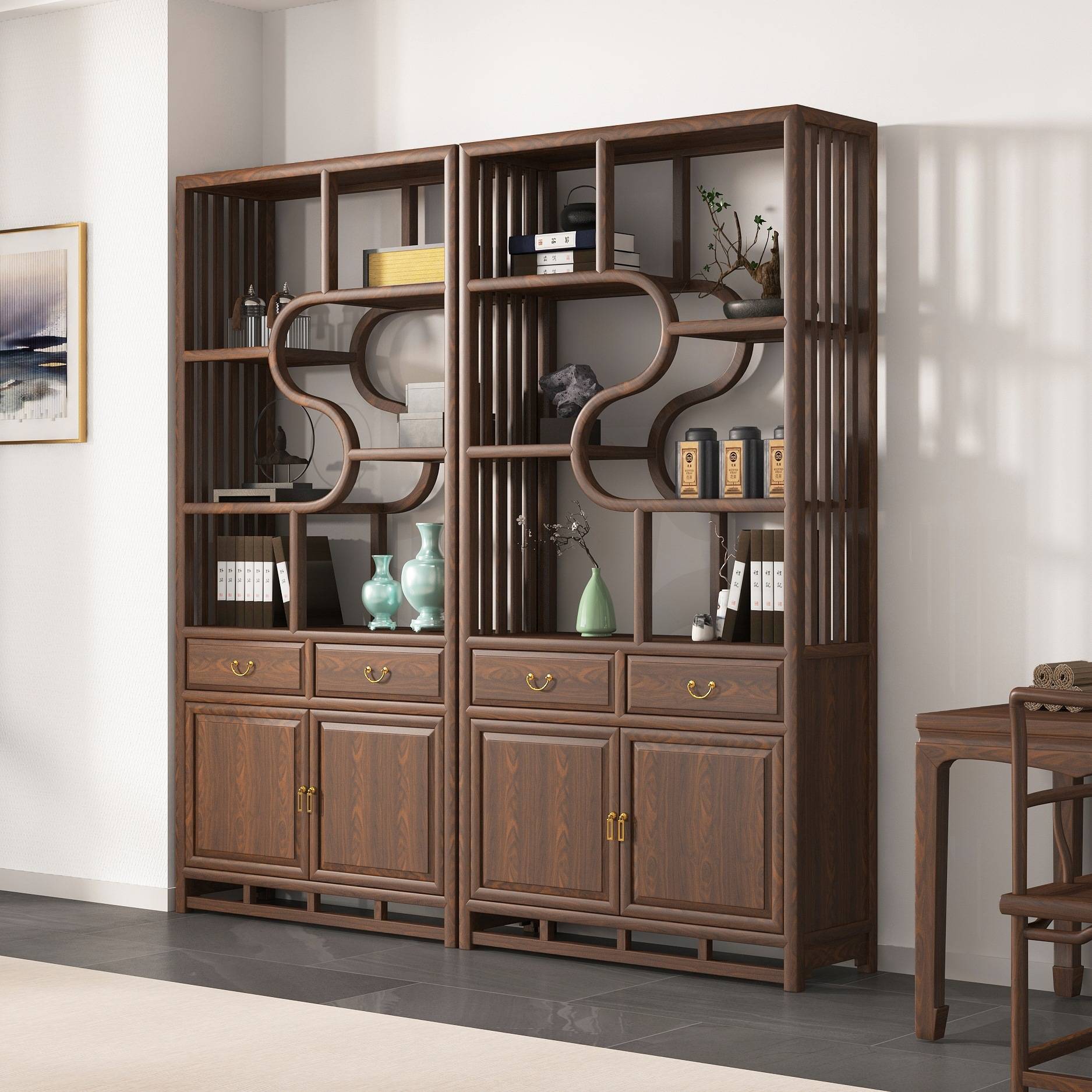 博古架现代简约实木中式置物架展示架书房书柜新中式书架茶室布置