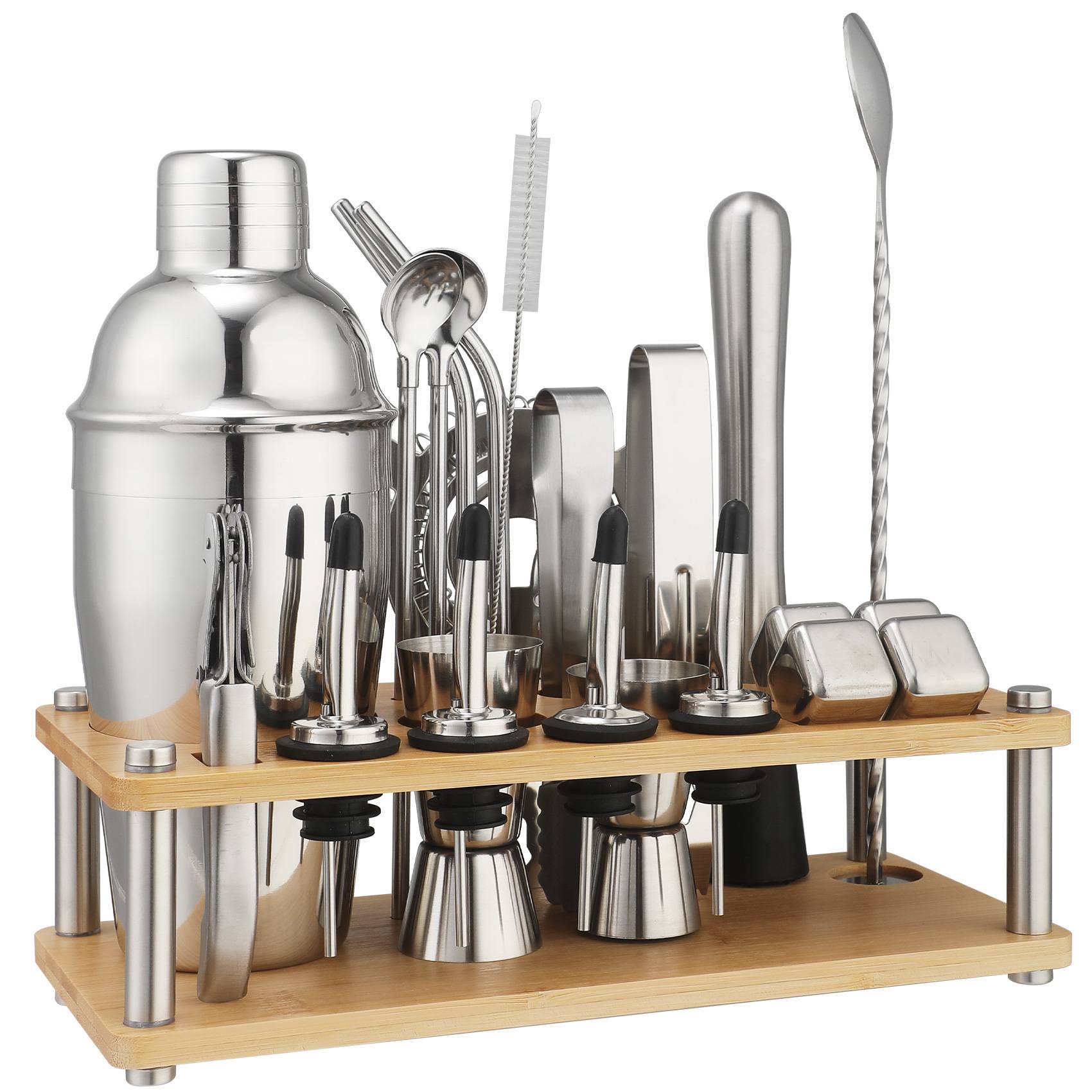 调酒器鸡尾酒摇壶调酒工具套装23件套不锈钢可拆卸长方形竹架