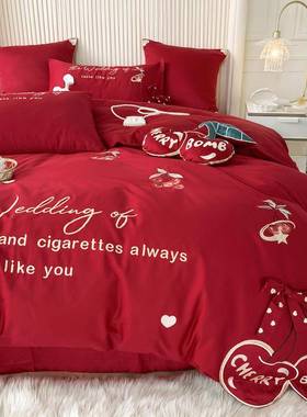 长绒棉上婚四件庆套全棉高端结蝴蝶结大JL1030红色刺绣被套婚床用