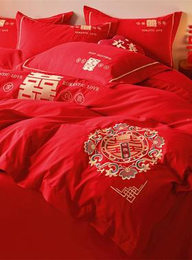 单结婚四件套婚床上用品婚嫁新庆全婚陪嫁大红色被套床XYY20240被